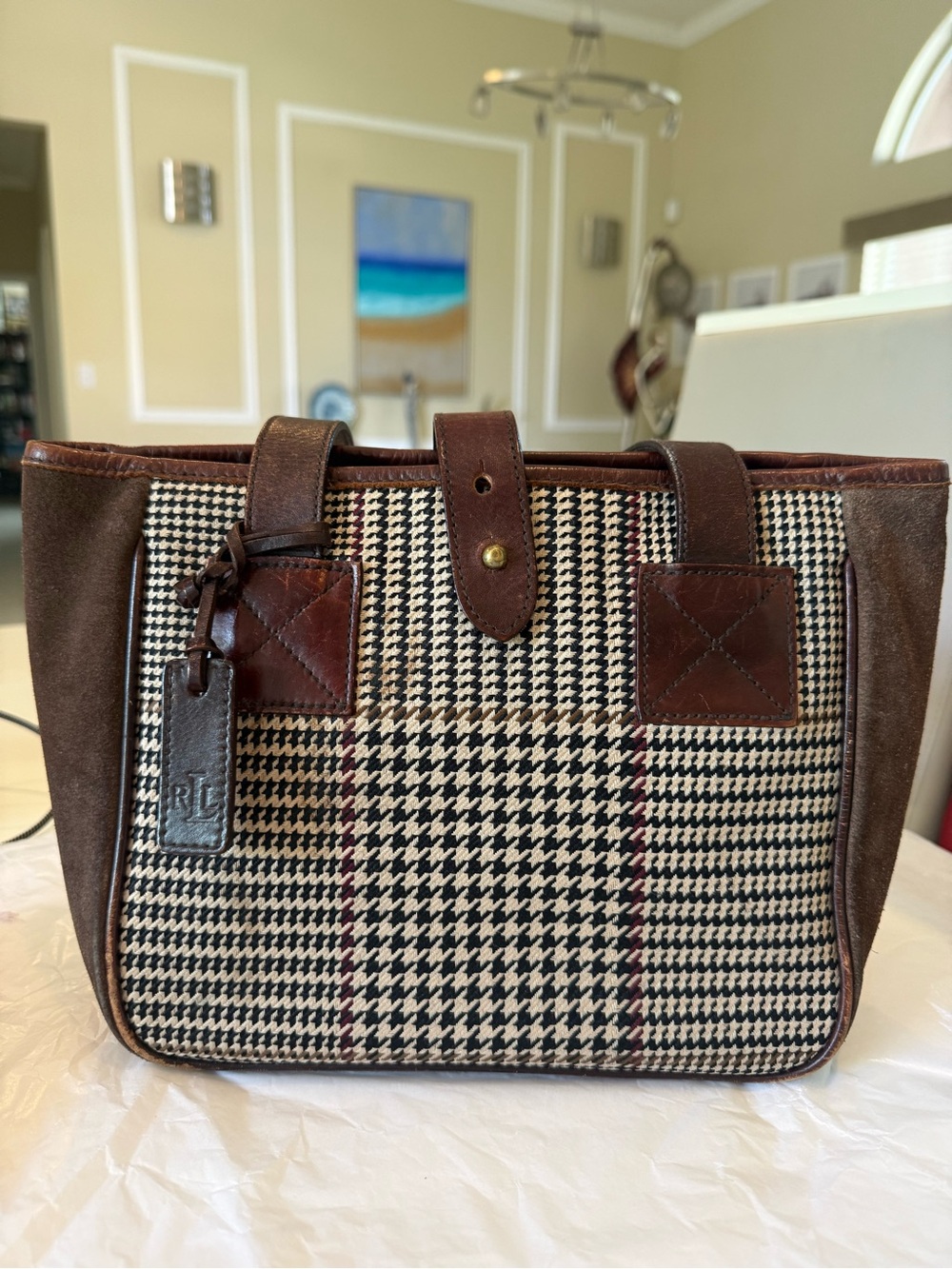 Polo by Ralph Lauren Brown Leather & Houndstooth Tote